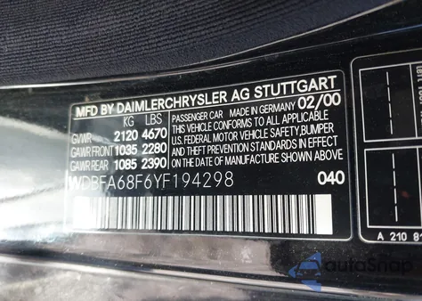 2000 Mercedes-Benz Sl 500 z USA, uszkodzony, nr VIN WDBFA68F6YF194298